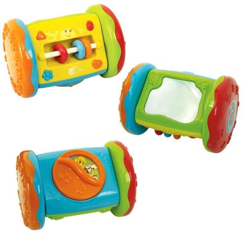 Multi-sided activity cylinder for babies with mirror, spinning beads, and music, perfect for developing motor skills and sensory play