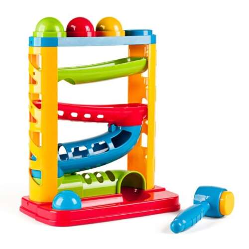 Spiral ball toy with hammer, colorful balls and a track for the balls to roll down