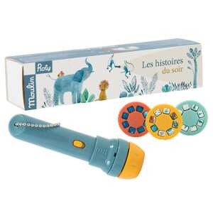 Moulin Roty Baobab Story Projector Flashlight, a blue flashlight with a chain and 3 discs for projecting stories, perfect for bedtime stories - Night Light, Projector