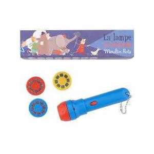 Projektor Moulin Roty Cirkuszi meselámpás z 3 slajdami, niebieska latarka z czerwonym przyciskiem, motyw cyrkowy, dla dzieci od 4 lat - Lampa dla dzieci