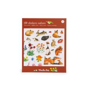 Moulin Roty 100 Stickers Nature, featuring a variety of animals and plants, perfect for decorating notebooks, journals, and more. - Sticker, Magnet
