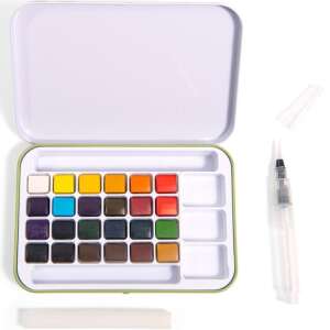 Moulin Roty watercolor set open, showing 24 watercolor pans, a brush, and a sponge - Moulin Roty