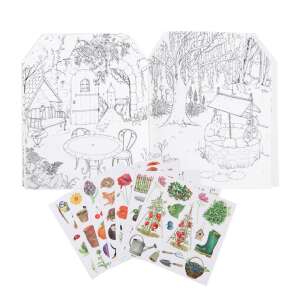 Moulin Roty Le Jardinier aux 120 stickers coloring book open showing pages and stickers, garden themed, for kids - Moulin Roty Activity Book, Coloring