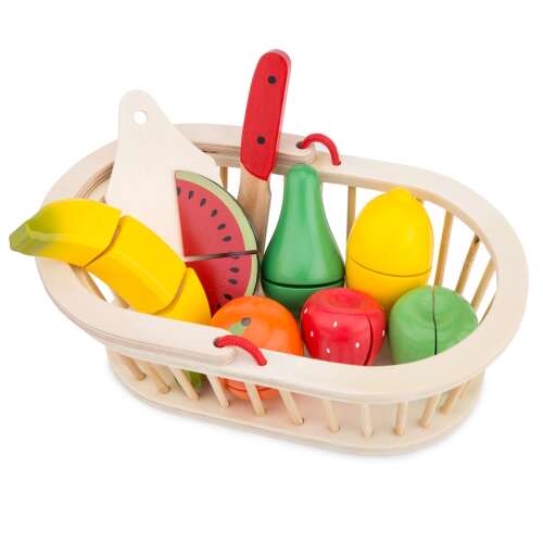 Wooden fruit basket playset with banana, watermelon, pear, apple, lemon, orange, and strawberry, includes knife and cutting board