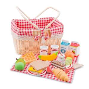 Wooden picnic basket playset with food and accessories, including a basket, blanket, plates, cups, cutlery, and pretend food items like sandwiches, fruit, and drinks. - Toy kitchen tool
