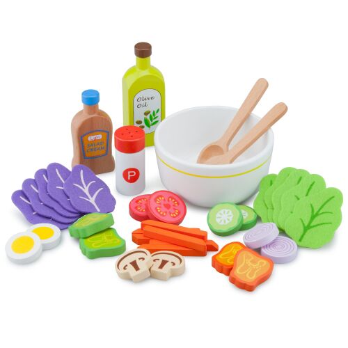 New Classic Toys wooden salad ingredients: lettuce, tomato, cucumber, mushroom, and dressings
