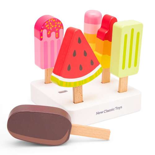New Classic Toys wooden pretend play ice cream set with 6 different flavors, including watermelon, chocolate, strawberry, and more