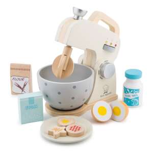 New Classic Toys wooden toy stand mixer set with bowl, flour, sugar, milk, eggs, and cookies - Toy kitchen tool
