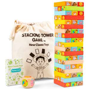 New Classic Toys Stacking Tower Game, wooden blocks tower game for kids, includes dice, cards, and storage bag - Wooden building game