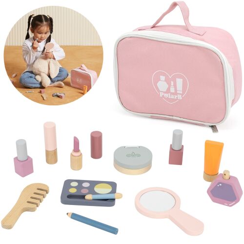 PolarB Wooden Makeup Set for Kids with Pink Cosmetic Bag
