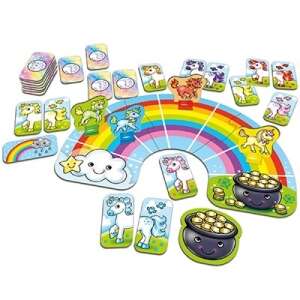 Rainbow Unicorns board game pieces, including the rainbow board, unicorn pieces, and cards - Developmental Toy for Preschooler