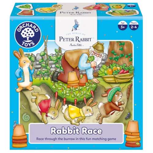 Игра на дъска Peter Rabbit Rabbit Race от Orchard Toys, с Питер Заек, Бенджамин Заек, Флопси и Мопси, които се състезават в градината на мистър Макгрегор