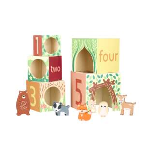 Orange Tree Toys Woodland Animal Wooden Stacking Cubes, a set of 5 colorful wooden blocks with numbers and animal illustrations, perfect for stacking and learning - Rocking horse & animal and Developmental Toy for Preschooler