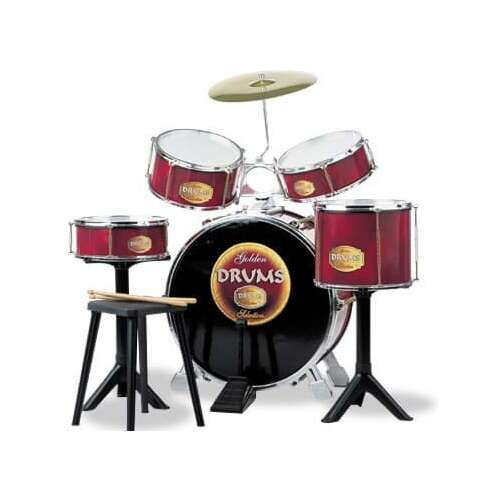 Golden Drums children's drum set, red and black, with cymbal, stool and drumsticks