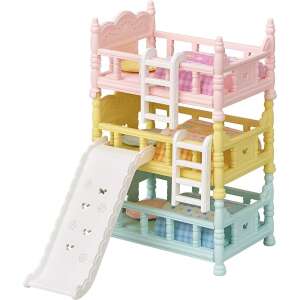 Sylvanian Families Triple Bunk Beds toy set, featuring a pink, yellow, and blue bunk bed with a slide - Figure