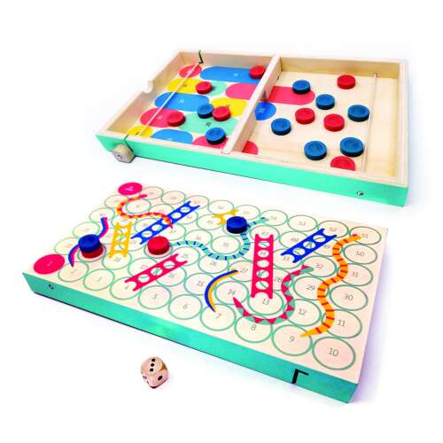 Svoora Pucketriple 3 in 1 Board Game Set, featuring Sling Puck, Dexterity, and Snakes & Ladders games