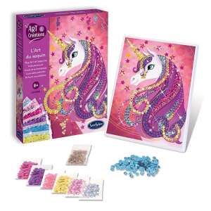 Art & Creations sequin art kit, unicorn design, showing the finished picture and the contents of the kit - Sentosphere