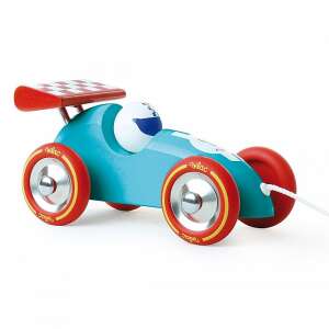 Vilac turquoise wooden pull-along toy car with red wheels and checkered flag on top - Kids's play car