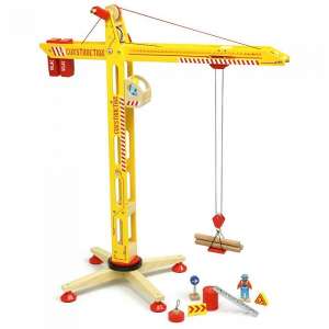 Wooden construction crane toy for kids, Vilac brand, yellow and red, 360 degree rotation, lifting mechanism, magnetic hook, includes accessories - Vilac