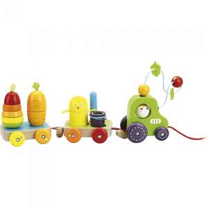 Wooden toy tractor with pull string, stacking rings, and other activities for toddlers - Vilac