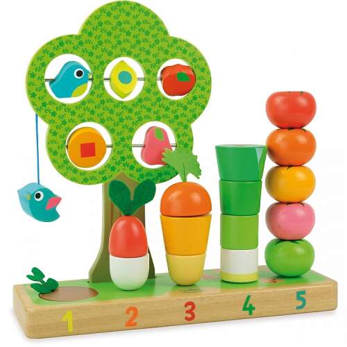 Visac wooden counting toy with vegetables, birds, and geometric shapes, perfect for preschoolers to learn numbers, colors, and shapes