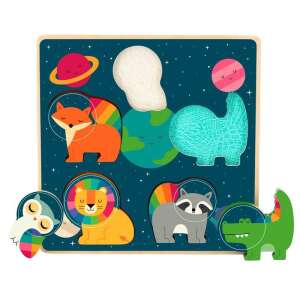 Puzzle Vilac Animale Spațiale, un puzzle din lemn cu 5 piese, care prezintă animale în spațiu - Puzzle pentru copii