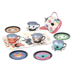Rainbow musical tea set for kids, featuring a teapot, cups, saucers, and a tray, with animal designs - Toy kitchen tool