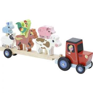 Wooden farm animal transport truck toy with a red tractor and farm animals like a horse, cow, pig, sheep, rooster, and rabbit - Vilac