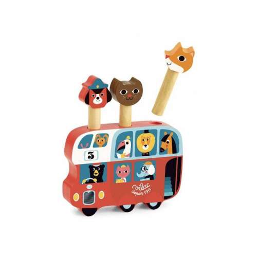 Vilac Pop-up interaktív busz játék kisgyermekeknek, piros kétszintes busszal, állatfigurákkal, amelyek felugranak - Vilac