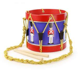 Toy drum with red and blue design, gold rope, and two wooden sticks - Vilac