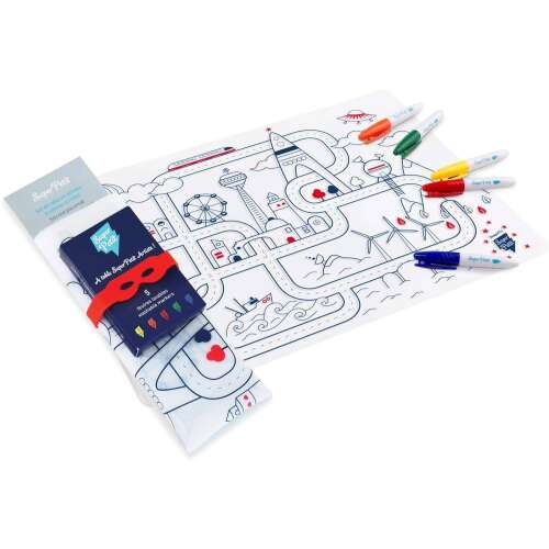 Saltea de desen Super Petit din silicon cu 5 markere lavabile, perfectă pentru copii pentru a desena, colora și șterge, ideală pentru călătorii sau restaurante, reutilizabilă și lavabilă