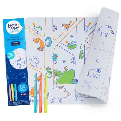 Learn & Play Super Petit reusable educational mat with numbers and animals, 100% silicone, washable, for kids 3 years and up