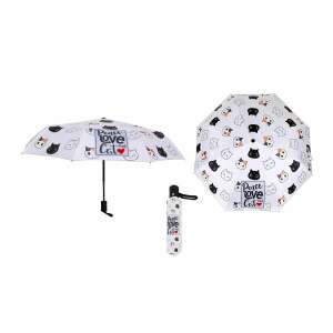 Umbrelă automată cu design de pisică, inscripție Peace Love and Cat, umbrelă albă cu fețe de pisici negre, umbrelă cu fețe de pisici, umbrelă cu pisică, umbrelă cu design de pisică, umbrelă cu imprimeu de pisică, umbrelă Peace Love and Cat, umbrelă automată, umbrelă cu model de pisică, umbrelă cu motiv de pisică - Umbrele