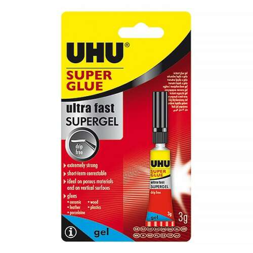 UHU Super Glue Ultra Fast Supergel 3g, gél ragasztó, erős, gyorsan száradó, cseppmentes, ideális pórusos anyagokhoz, fa, kerámia, bőr, műanyag, porcelán - Pillanatragasztó