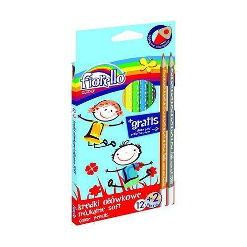 Fiorello 12 + 2 dreiseitige Farbstifte Set, weich, mit 2 zusätzlichen Graphitstiften