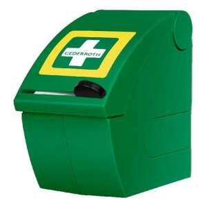 Dispenser Cederroth pentru bandaje moi din spumă, dozator verde cu cruce galbenă, vedere din lateral - Îngrijire la domiciliu