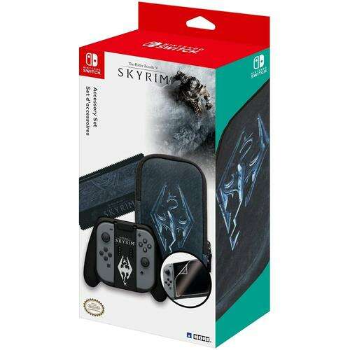 Hori The Elder Scrolls V Skyrim Accessory Set for Nintendo Switch, includes a carrying case, joy-con grip, screen protector, and cleaning cloth