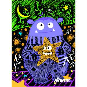 Avenir Scratch Art Monster set with a purple monster holding a yellow star - Arts & crafts kit