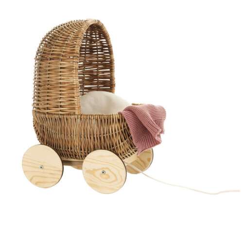 Egmont Toys Retro fonott babakocsi, fonott babakocsi fa kerekekkel és rózsaszín takaróval