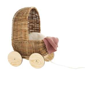 Egmont Toys Retro Wicker Doll Pram, a wicker doll stroller with wooden wheels and a pink blanket - Game stroller