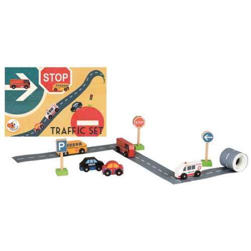 Egmont Toys Traffic Set, wooden toy cars, road signs, and road tape for kids to learn about traffic rules