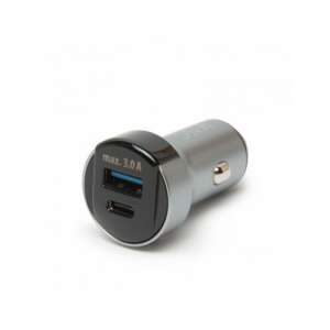 Dual USB car charger adapter with Type-C and USB-A ports, fast charging, silver and black color - Car Charger