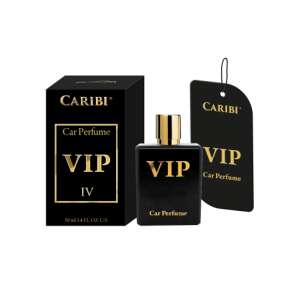 Caribi VIP Car Perfume 50ml, black bottle with gold cap, packaging and tag - Car Air Freshener