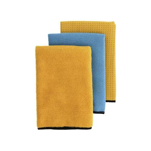 Set of 3 microfiber cleaning cloths, yellow and blue, for cleaning car windows and other surfaces