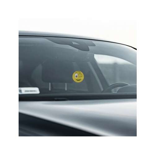 K2 Be Happy car air freshener, mandarin scent, smiley face design, hanging from rearview mirror
