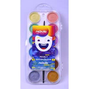 Nebulo gyöngyház vízfesték készlet, 12 szín, 30mm festékgombokkal, ecsettel - Nebulo