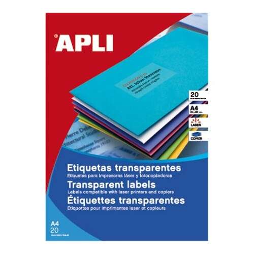 Прозрачни етикети APLI, A4, 20 листа, съвместими с лазерни принтери и копирни машини