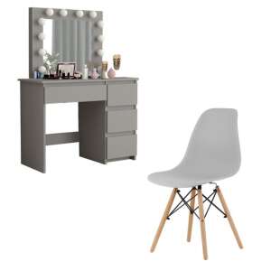Gray vanity table with mirror and LED lights, 4 drawers, and a matching gray chair with wooden legs - Dressing Table
