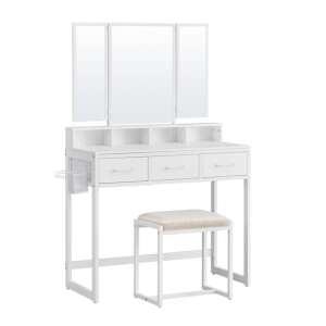 White vanity set with three mirrors, three drawers, and a stool - Dressing Table