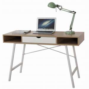 Jumi computer desk with drawer and shelves, white and natural wood finish, 120x48x76 cm - Computer Desk